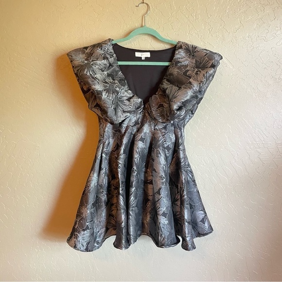 Kelsis Silver and Black Puff Sleeve V Neck Flutter Dress - Picture 2 of 7